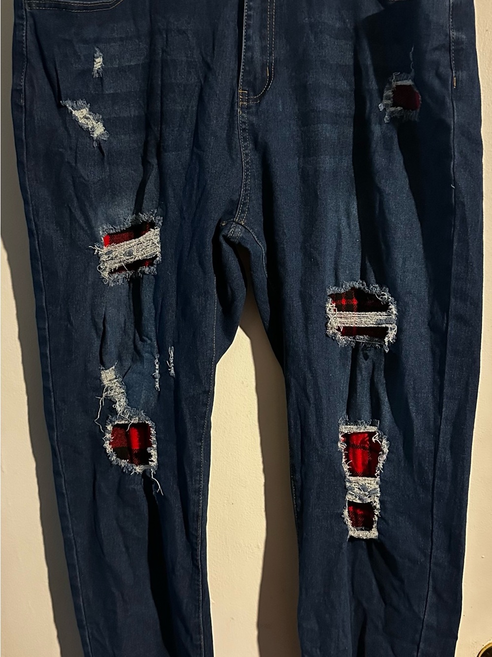 Women’s Dark Blue Skinny Jeans with Red Plaid Patchwork